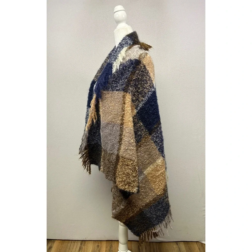 Dark Academia Avoca Womens OS Blue‎ Brown Mohair Wool Plaid Fringe Wrap Shawl